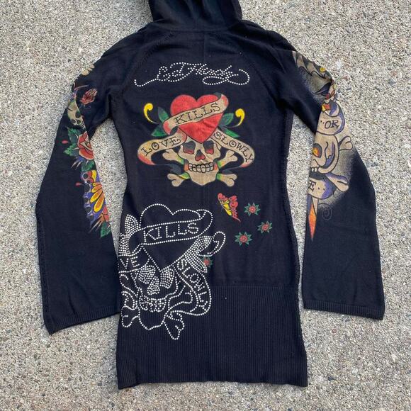 Y2K 2000s Ed Hardy Black w/ Screen Print Graphics Hoodie Sweater - Picture 1 of 8